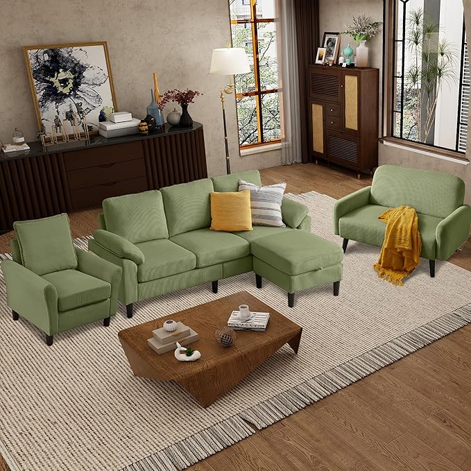 4 Pieces Corduroy Living Room Sets with Sofa Ottoman Loveseat and Chair