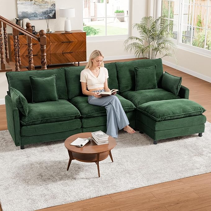 113'' L Shaped Cloud Couch 4-Seater Modular Sectional Sofa with Double Layer Upholstered Seat Cushion Corduroy Deep Seat Couches with Ottoman &amp Pillows for Living Room &amp Apartment Green