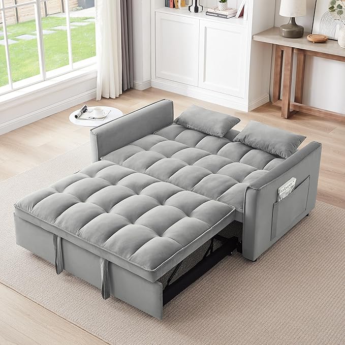 KEIKI 51.2 3-in-1 Convertible Sofa Bed Folding Pull-Out Sleeper Couch with Side Pockets Velvet Fabric Roller Legs Modern Living Room Sofa Light Gray