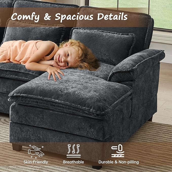113 U Shaped Sectional Sofa Comfy Cloud Couch Chenille Sofa Sleeper Deep Seat Sofa with 4 Throw Pillows 4-Seater Double-Layer Modern Sofa for Living Room Dark Grey