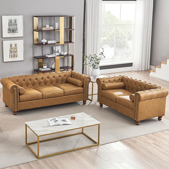 Air Leather Tufted Loveseat Couch Rolled Arm 2-Seater Sofa with Nailhead Trim and 2 Neck Roll Pillows Living Room Small Apartment Office Décor Brown