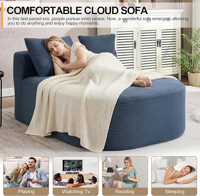 46 Chaise Lounge Chair Indoor Cloud Sleeper Sofa Bed with Pillows Corduroy Upholstered Sofa Couch for Living Room Apart No Assembly Required Blue