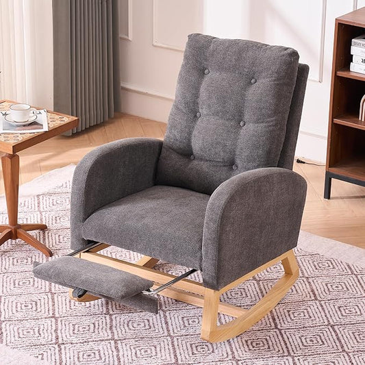 Comfortable Gray Upholstered Rocking Chair with Storage &amp Footrest High Back Solid Wood Legs - Living Room Armchair Bedroom Nursery Rocker