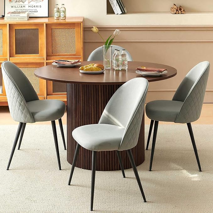 Kitchen&ampDining Room Table Set for 4 Walnut Wooden Dining Table Round and Upholstered Kitchen Side Living Room Chairs Set Rustic Dining Set with Grey Velvet Chairs for Apartment Dining Hall
