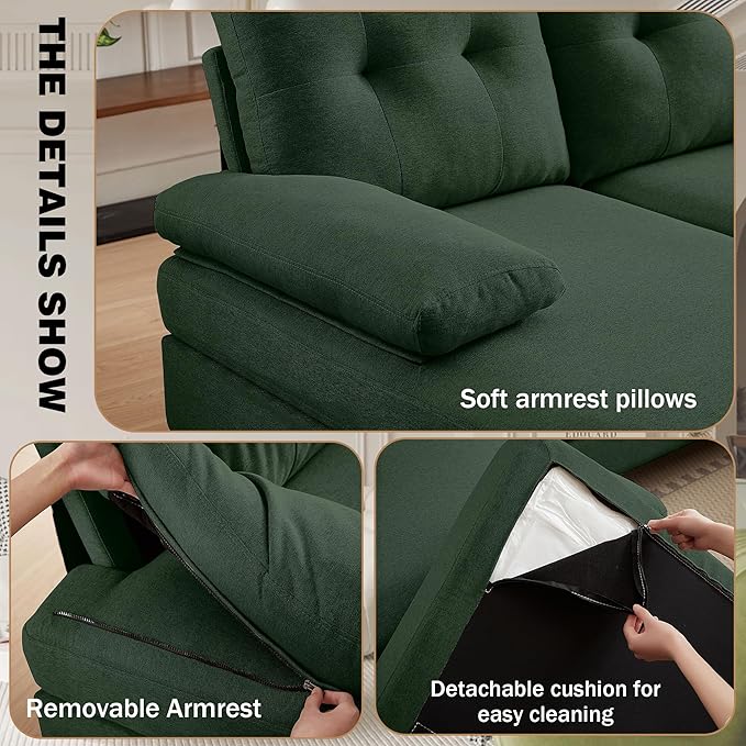 111 Sectional Couch for Living Room Modern Polyester Fibre U Shaped Sofa Couches with Double Chaise Upholstered 4 Seater Sofa for Living Room Apartment Office Dark Green