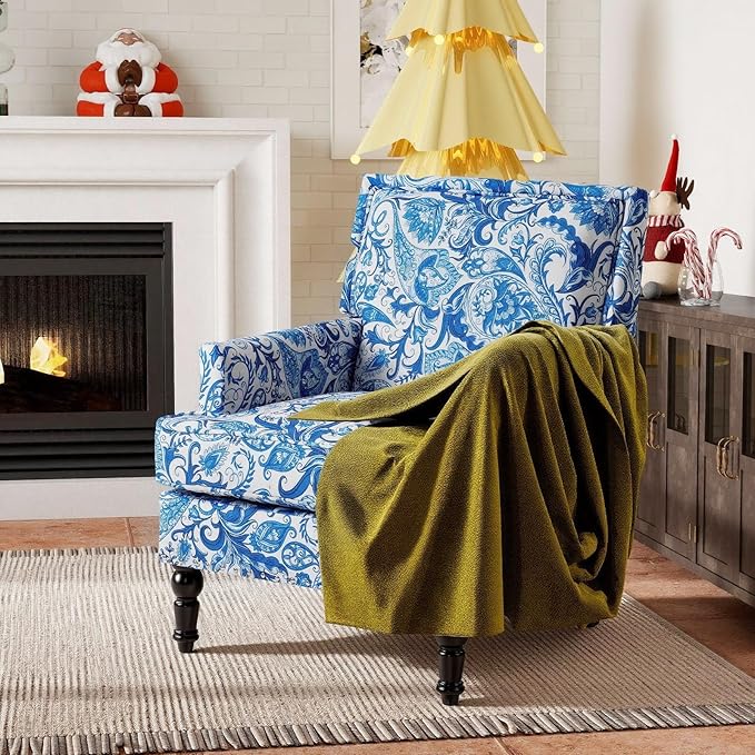 Rovibek Midcentury Modern Accent Chair - High Back Living Room Chairs Upholstered Armchair with Solid Legs Blue and White Porcelain Printed Accent Chairs for Bedroom Living Room Balcony