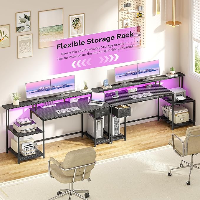 55 Inch Gaming DeskComputer Desk with LED &amp Power OutletOffice Desk with Printer Storage Shelves &amp Storage DrawerStudy Table with Monitor ShelfDorm Room EssentialsBlack