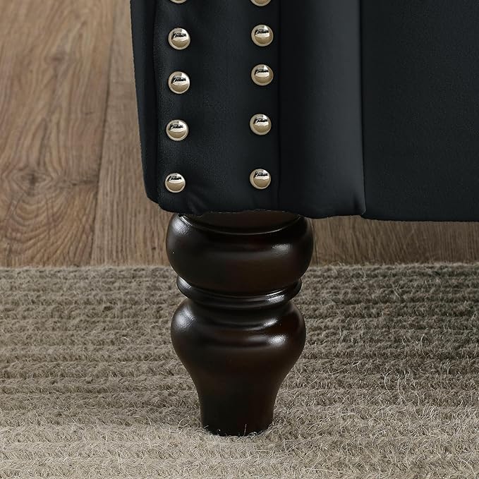 79 2 Piece 3-Seater Velvet Chesterfield Sofa for Living RoomCombination Sofa with 4 PillowsButton Tufted Trimming Curved Backrest Rolled Arms with Black Legs (Black79 3+3 Sofa Sets)