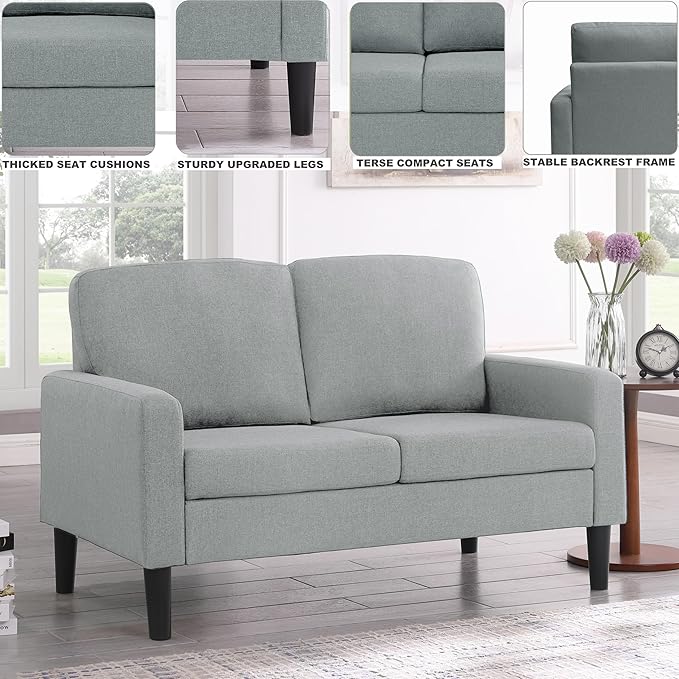 53 Loveseat Sofa Modern Small Couch Sofa Settee Loveseat Linen Fabric Upholstered 2-Seat Sofa Furniture Love Seat for Small Spaces Dorm Room Bedroom Apartment with Wood Legs Light Grey
