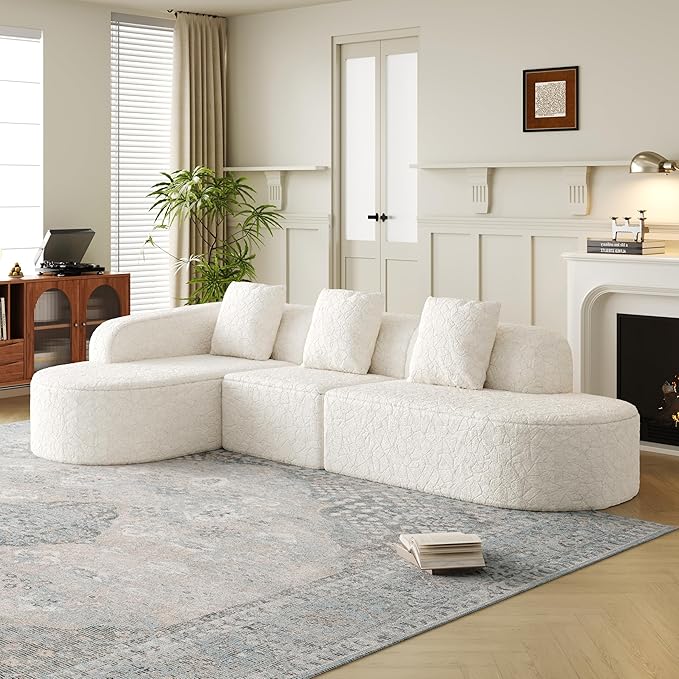 111.8' Curved Sectional Cloud Sofa Modern L Shaped Couch with Chaise &amp Pillows Comfy Upholstered Deep Seat Compression Boneless Sofa for Living Room Office No Assembly Required Left Facing Wh