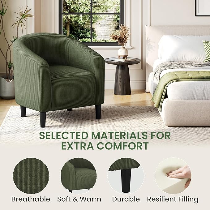 Yaheetech Accent Barrel Chair Corduroy Fabric Club Chair Furry Sherpa Elegant Armchair with Cozy Soft Padded Suitable for Living Room Bedroom Reception Room Office Dark Green