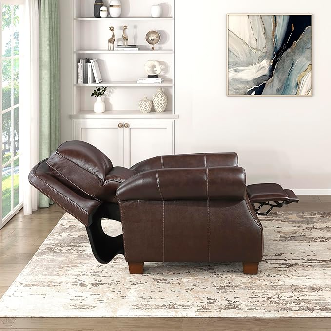 Lexicon Push Back Reclining Chair Top Grain Leather Match Push Back Recliner Chair with Nailhead Trim Rolled Arms Solid Wood Legs for Living Room/Apartment/Office Easy Assembly Brown
