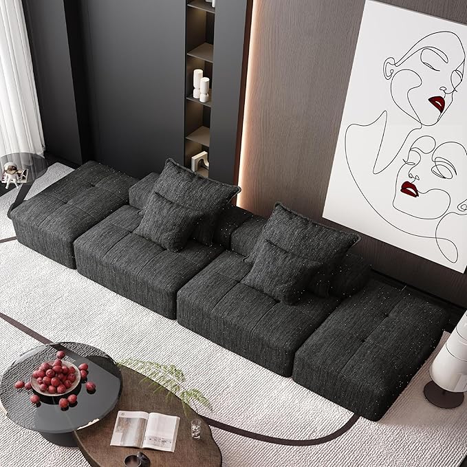 141'' Cloud Couch Modular Sectional Sofa with 2 Ottoman Oversized Loveseat Compression Boneless Sofa with Deep Seat Chenille Chaise Longue Minimalist Couches for Living Room Black