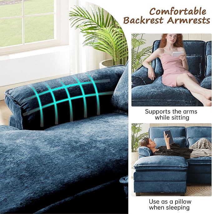 113 U Shaped Sectional Sofa Comfy Cloud Couch Chenille Sofa Sleeper Deep Seat Sofa with 4 Throw Pillows 4-Seater Double-Layer Modern Sofa for Living Room Dark Blue
