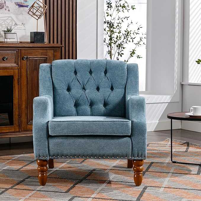 Generic Blue Accent Chair Living Room Chair Footrest Chair Set with Vintage Brass Studs Button Tufted Upholstered Armchair for Living Room Comfy Reading Chair for Bedroom Reception Room