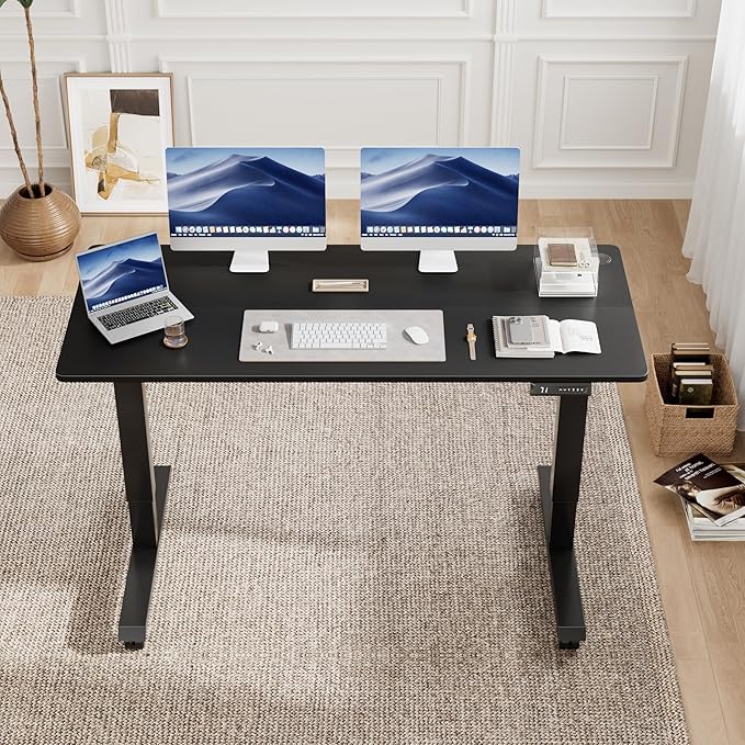 Shahoo Electric Standing Desk 55 Inch Ergonomic Height Adjustable Table with T-Shaped Metal Bracket Modern Computer Workstations for Home Office Black 55 x 24 Inch