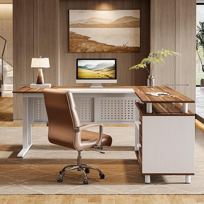 Tribesigns 63-Inch L-Shaped Executive Desk with Storage Shelves Large Office Computer Desk with Drawers and File Cabinet Industrial Business Workstation for Home Office Walnut and White