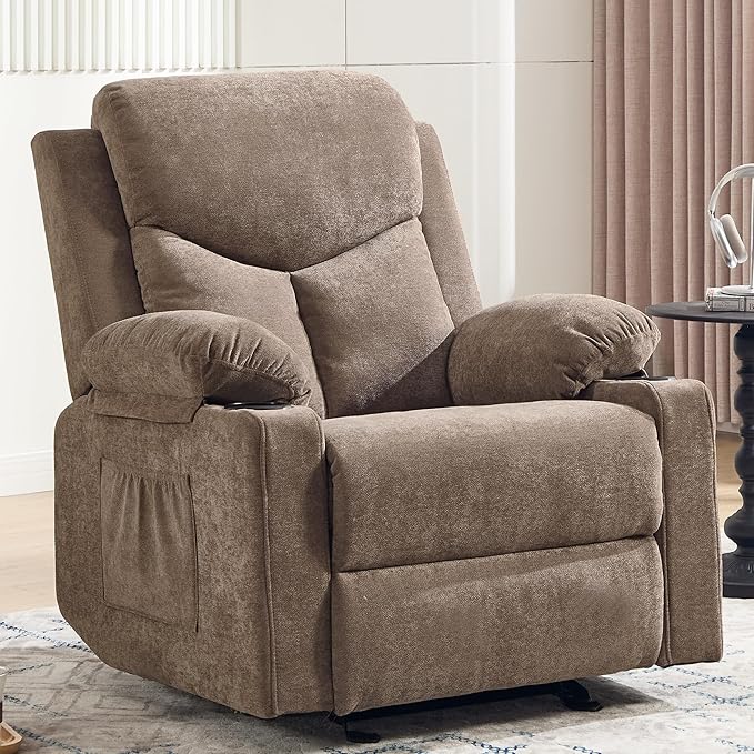 Manual Rocker Recliner Chair for Adults with Vibration MassageGlider Rocking Recliner Chairs for Living Room Bedroom Overstuffed Reclining Sofa Chair with Pockets and Cup Holds (Coffee)