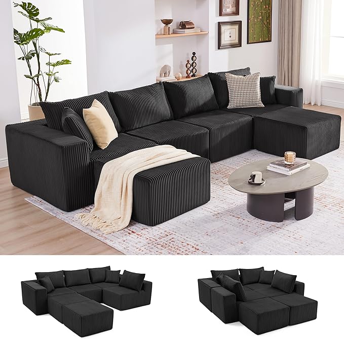 135.4 Cloud Couch Sectional Modular Sectional Sofa with Deep Seat Plush Corduroy U Shaped Boneless Couch Convertible Sectional Couches for Living Room 6Seat Black