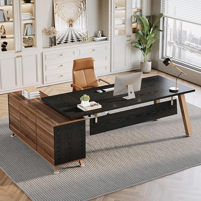Tribesigns 78.7 L-Shaped Executive Desk Modern Office Desk with File Drawers &amp Storage Shelves Large Computer Desk with 55-Inch Cabinet Business Workstation for Home Office Black &amp Walnut