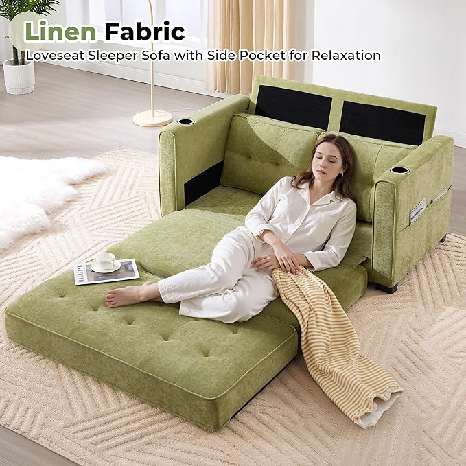 Convertible Sofa Bed Pull Out Loveseat Sleeper CouchLinen Fabric 2 in 1 Folding Couch Bed Fold Out Floor Futon Couches with Cup Holder for Living Room BedroomSmall Space Green