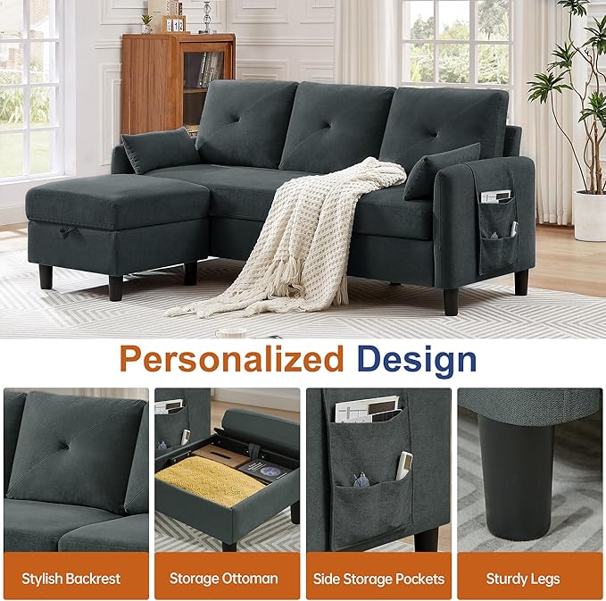 Sectional Sofa Set 77 Convertible Sofa and 2 Pieces 35 Accent Chair Small 3 Seat L Shaped Couch with Storage Ottoman Modern Couch for Living Room Office Apartment Dark Grey