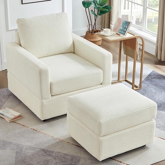 Aoiy &amp Wifon Accent Chair with Ottoman Upholstered Reading Chair with Ottoman Comfy Armchair with Wooden Legs Corduroy Beige