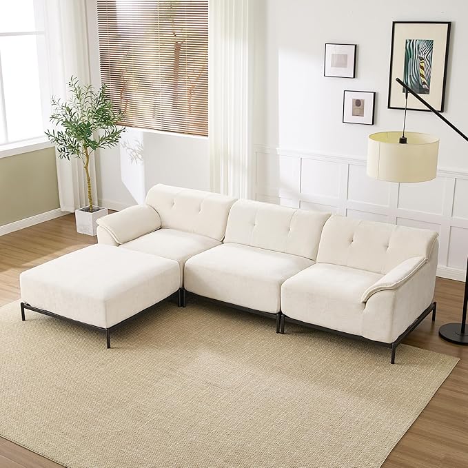 VKNOW 106 Couches for Living Room Modular Sectional Sofa with Wide Armrests and Solid Iron Frame Compressed Couch for Living RoomOfficeChenille FabricBeige