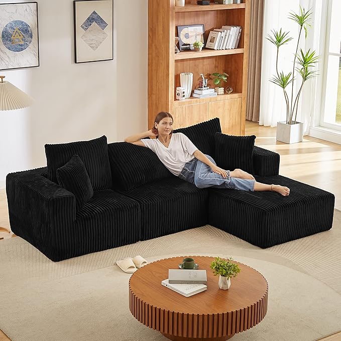 Cloud Sectional Couch with L-Shape Chaise Modern Modular Sofa with Deep Seat Upholstered Corduroy Cloud Sofas Boneless Couches for Living Room No Assembly Required (Black Right Facing Chaise)