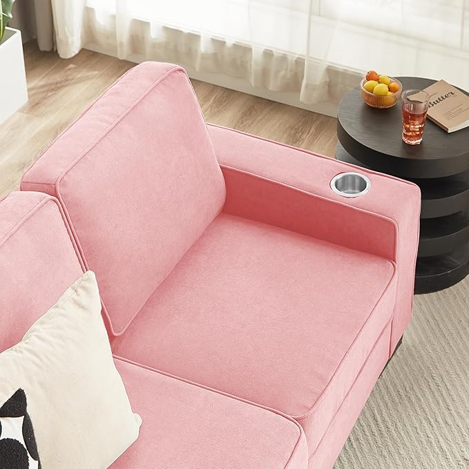 Ball &amp Cast 84 Snowfleece Sofa - Modern 3-Seater Sleeper Couch with 2 CupholdersCouches for Living Room Bedroom Office Apartment Easy Assembly Pink