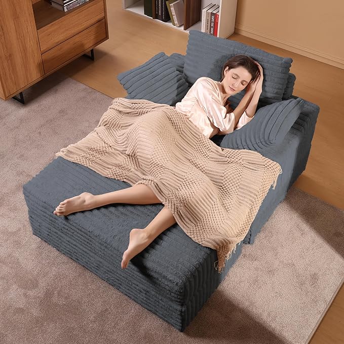 Garvee Grey Oversized Chaise Lounge Chair Indoor with Storage Ottoman Upholstered Corduroy Sofa Bed Cloud Couch with 3 Pillows Single Sleeper Sofa Chair for Living Room Bedroom