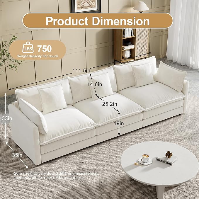 Modular Sectional Sofa 111.5 Inch I-Shaped Cloud Sofa with Deep Seat Chenille Sofa with Cushions Three-Self Sectional Sofa for Living Room ApartmentWhite
