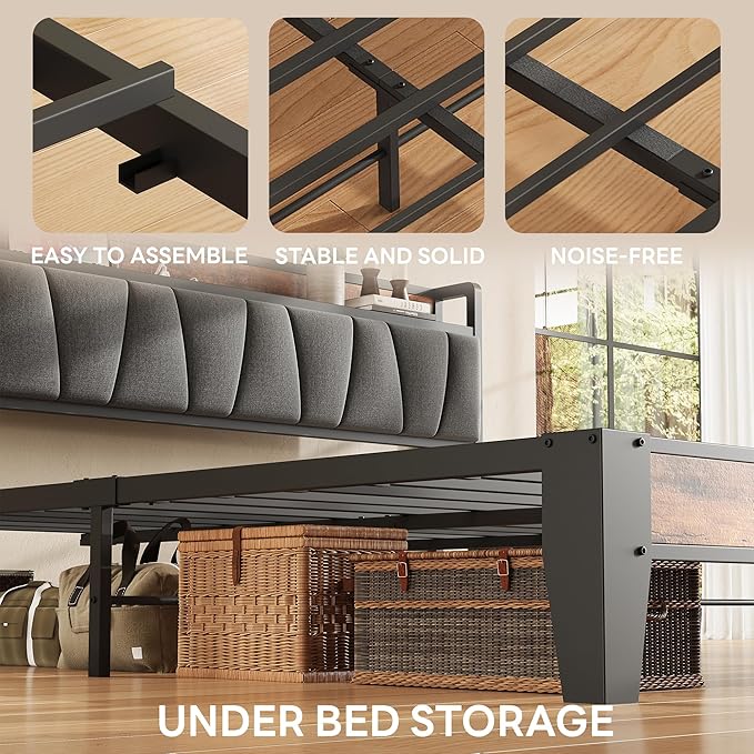 LIKIMIO King Size Bed Frame Storage Headboard with Charging Station Solid and Stable Noise Free No Box Spring Needed Easy Assembly
