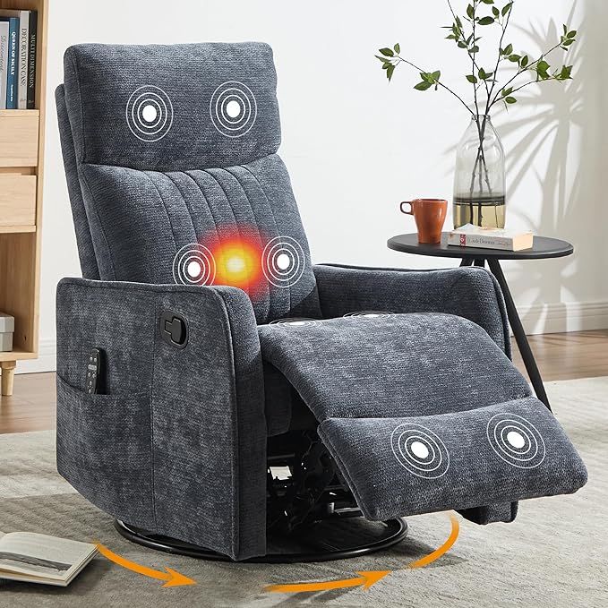 Manual Swivel Rocker Recliner Chair for Adults Overstuffed Recliner Glider with Massage and Heat Living Room Reclining Chair Fabric Blue