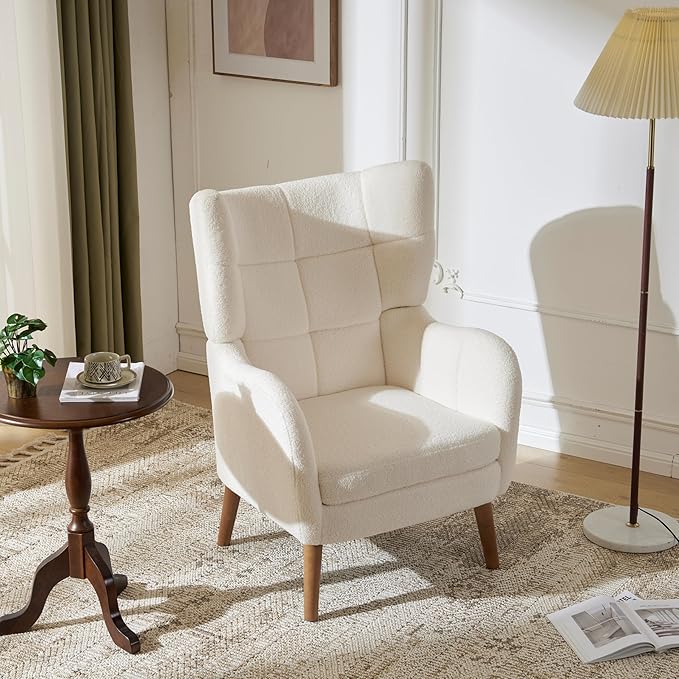 Harper &amp Bright Designs Accent Chair 41 Living Room Chair Comfy Upholstered Accent Chair with Birch Wood Legs Teddy Fabric White