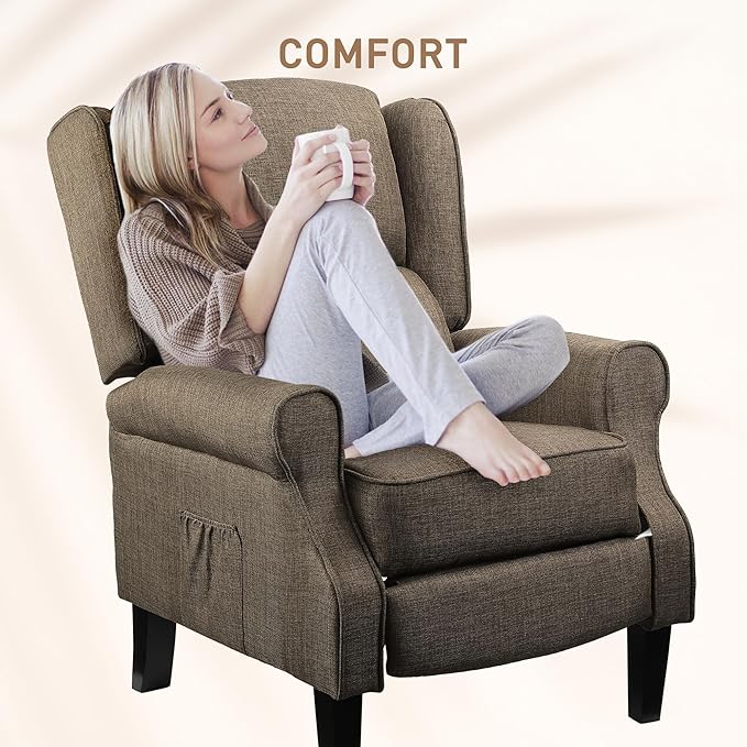 HOMCOM Vibration Massage Recliner Chair for Living Room with Heat Wingback Single Sofa Modern Linen Fabric Push Back Reclining Chair with Footrest Side Pocket Brown