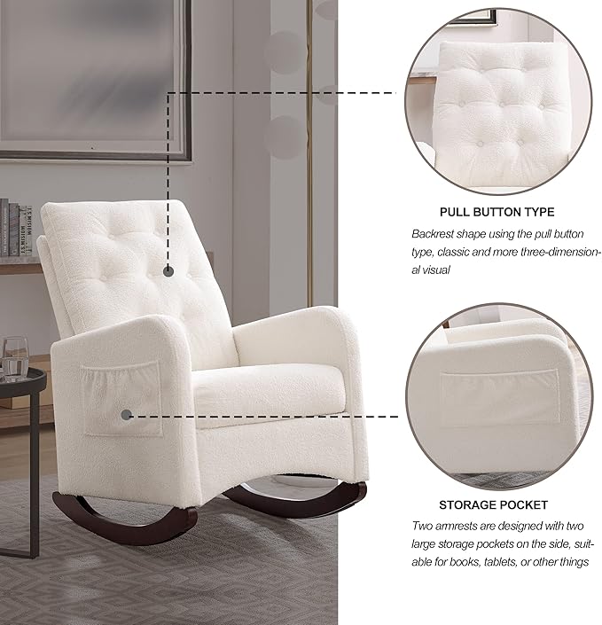25.6 W Modern Accent High Backrest Living Room Lounge Arm Rocking Chair Two Side Pocket