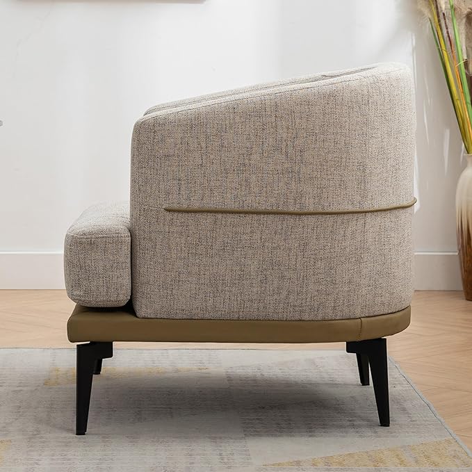 Modern Two-Tone Barrel Fabric Chair Upholstered Round Armchair for Living Room Bedroom Reading Room (Mustard Green)