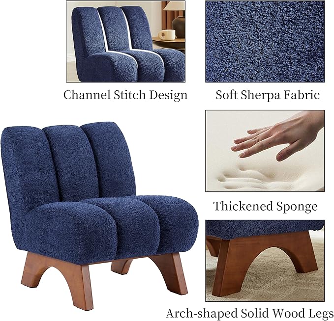 Art Leon Modern Accent Chairs Sherpa Fabric Modular Single Sofa Chairs Armless Chairs with Wooden Legs for Living Room Bedroom Set of 2 Blue