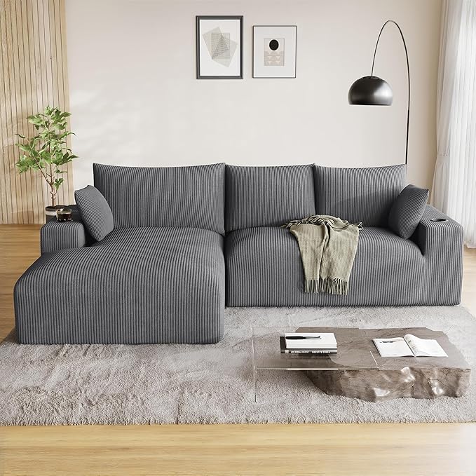 Oversized L Shaped Boneless Couch with 52 Wide Oversize Chaise 113 Fluffy Cloud Sectional Couches for Living Room Plush Corduroy Memory Foam Modular Sectional Sofa with Cup Holder Grey