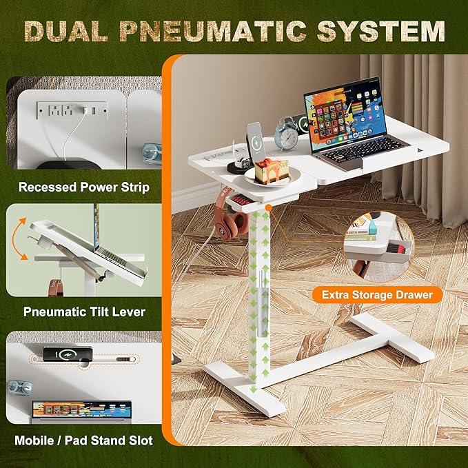 Standing Desk Medical Overbed Table with Rolling Tray and Power Outlet Dual Pneumatic Angle and Height Adjustable Desk Portable Side Table with Drawer Home &amp Hospital Use White