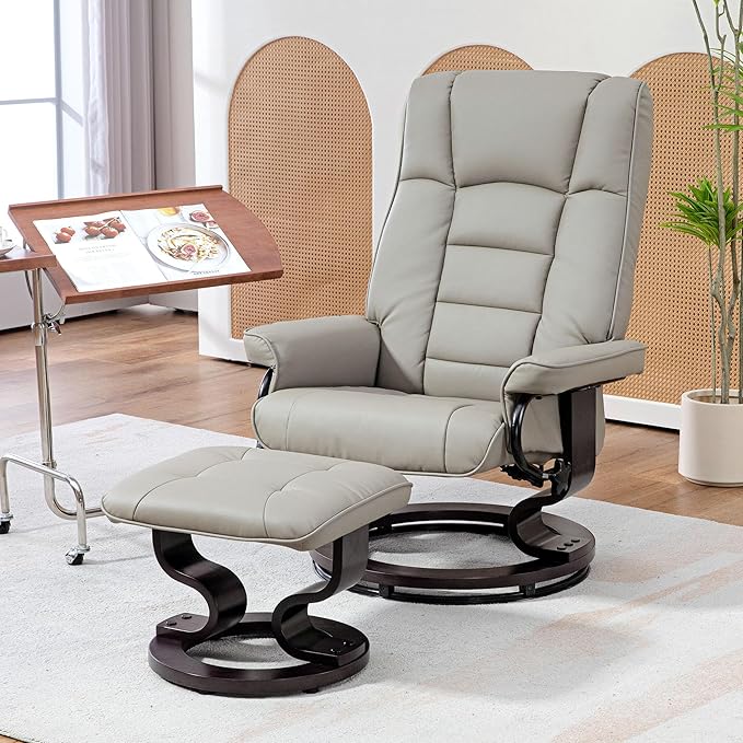 HOMCOM Faux Leather Reclining Chair Swivel Ottoman Chair Recliner with Ottoman with High Back and Wood Frame for Living Room Gray