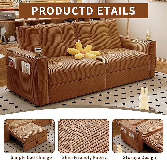 74'' Convertible Sofa Bed 2-in-1 Velvet Sleeper Sofa for Small Spaces Modern Loveseat &amp Guest Bed Apartment &amp Dorm FurnitureOrange | Convertible Sofa Bed