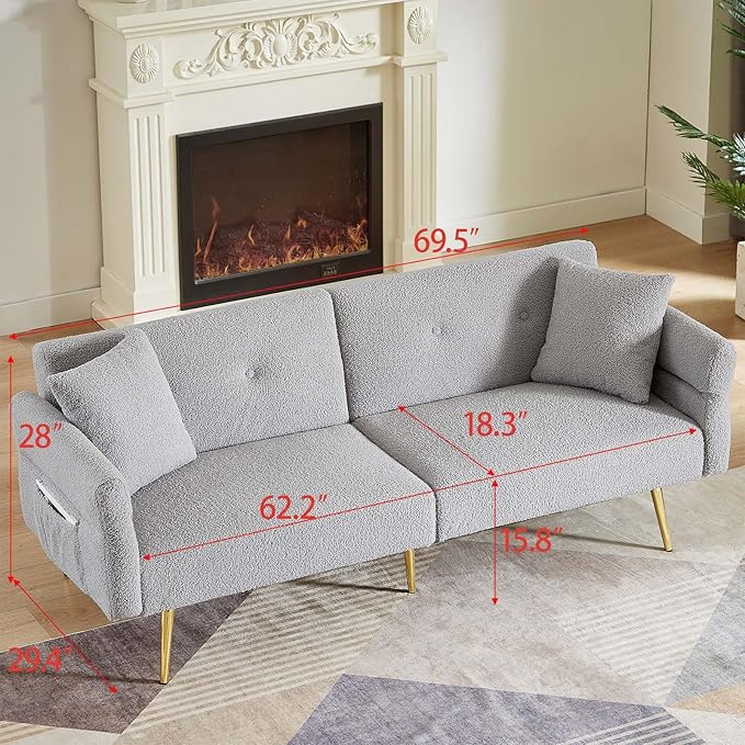 69.5'' Grey Futon Loveseat Sofa Bed Teddy Upholstered Folding Couch with Adjustable Backrest and Armrests Sleeper Sofa with Side Pocket and Gold Metal Legs for Small Space Living Room (Grey)