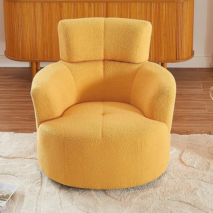 360° Swivel Accent Chair Armchair Upholstered Round Barrel Chair with Adjustable Headrest Morden Single Sofa for Living Room Office and Hotel (Yellow/27)