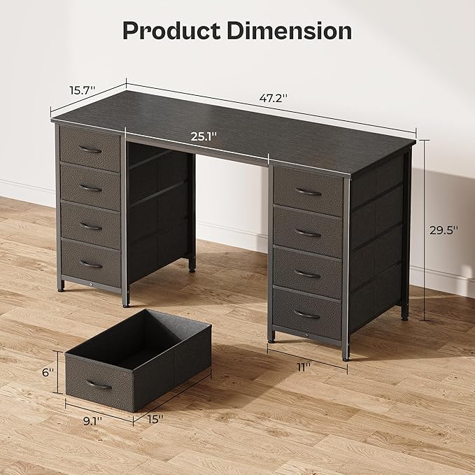 Huuger 47 Inch Computer Desk with 8 Fabric Drawers Office Desk Work Desk for Home Office Study Gaming Desk with Drawers Large Storage Black