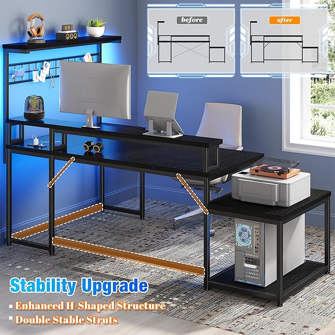 EnHomee 56 Medium L Shaped Gaming Desk with LED &amp Power OutletsComputer Desk with Monitor Stand &amp Print Stand for Home OfficeReversible Corner Gaming Table with Storage Shelf &amp HooksBl