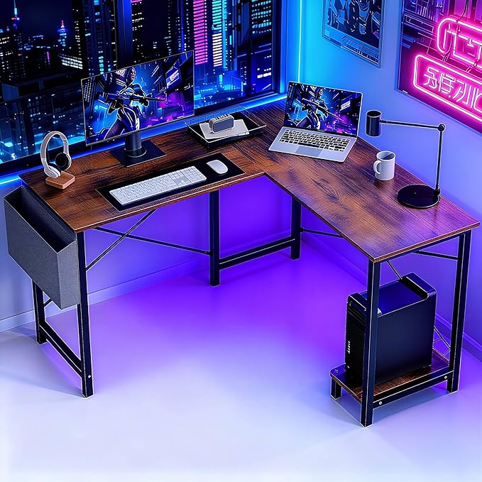 OLIXIS L Shaped Desk 50-Inch Office Computer Gaming Desks Corner PC Table with Side Bag and Reversible Shelf for Home Work Study Writing Rustic Brown