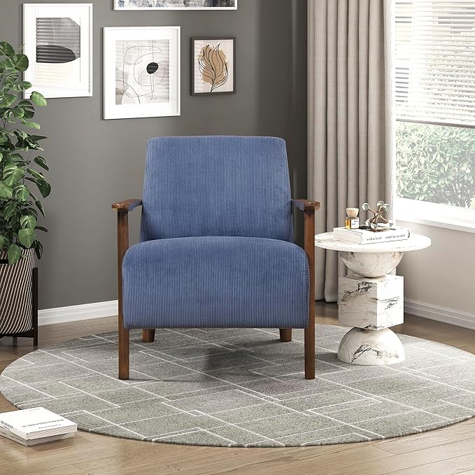 Lexicon Modern Accent Chair with Solid Wood Frame in Brown Finish Corduroy Fabric Upholstered Living Room Lounge Arm Chair Thick and Comfy Innerspring Seat Cushion Blue