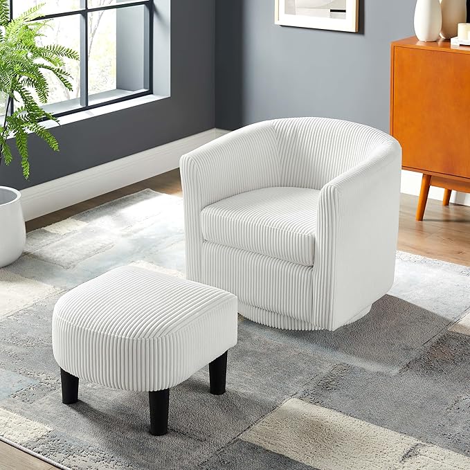 Green Swivel Accent Chair with Ottoman 360° Barrel Chairs with Foot Stool Comfy Reading Chair with Removable Pillow &amp 2 Armrest Covers for Living Room Small Spaces Bedroom Chenille (Black (smal